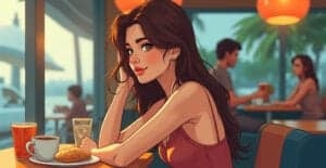7 Easy Ways to Live Cheap Without Anyone Knowing A young woman with long dark hair enjoying coffee and pastries at a cozy cafe, with a warm ambiance and a tropical outdoor view in the background.