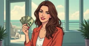 27 Money Tips I Use Save More Money Every Time I Need It $100 bills in woman's hand, vibrant cartoon illustration promoting personal finance and wealth management.