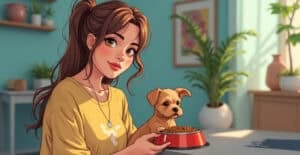 5 Simple Ways To Feed Pets for Half the Price Cute young woman with brown hair and a small dog eating from a red pet bowl indoors with houseplants and soft natural light.