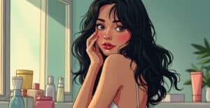 5 Bathroom Swaps That Save You $40 Every Month Beautiful woman with long black hair and makeup, indoors, bright natural light, skincare and beauty products on the vanity, girl with clear skin.