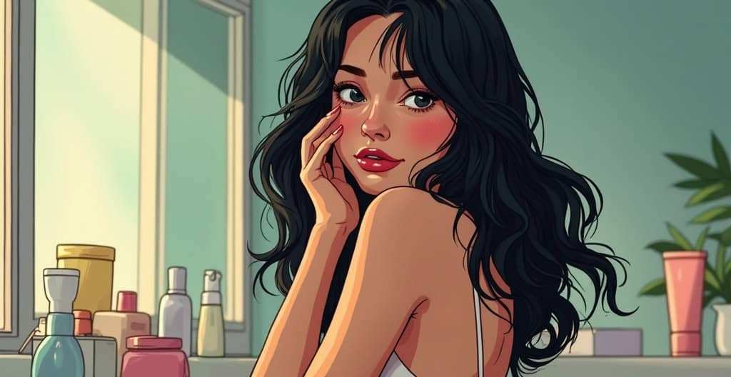 Beautiful woman with long black hair and makeup, indoors, bright natural light, skincare and beauty products on the vanity, girl with clear skin.