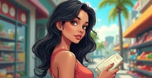 7 Grocery List Hacks That Make Every Dollar Go Further A young woman shopping outdoors, holding a receipt with a supermarket background, illustrating financial management and consumer spending themes.