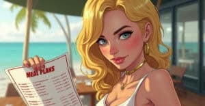 5 Lazy Meal Plan Tips That Make Groceries Even Cheaper Delicious meal plans on a tropical beachside restaurant menu, featuring a stylish woman with blonde hair, coastal scenery, and a relaxed vacation vibe. Perfect for travel, food, and lifestyle SEO.
